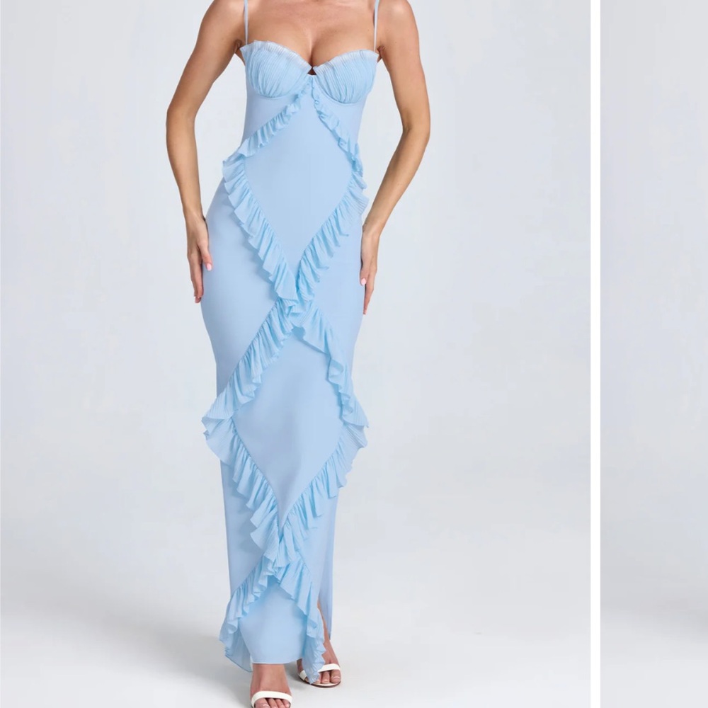 Oh Polly Kazumi Plissé Ruffle-Trim Maxi Dress in Powder Blue